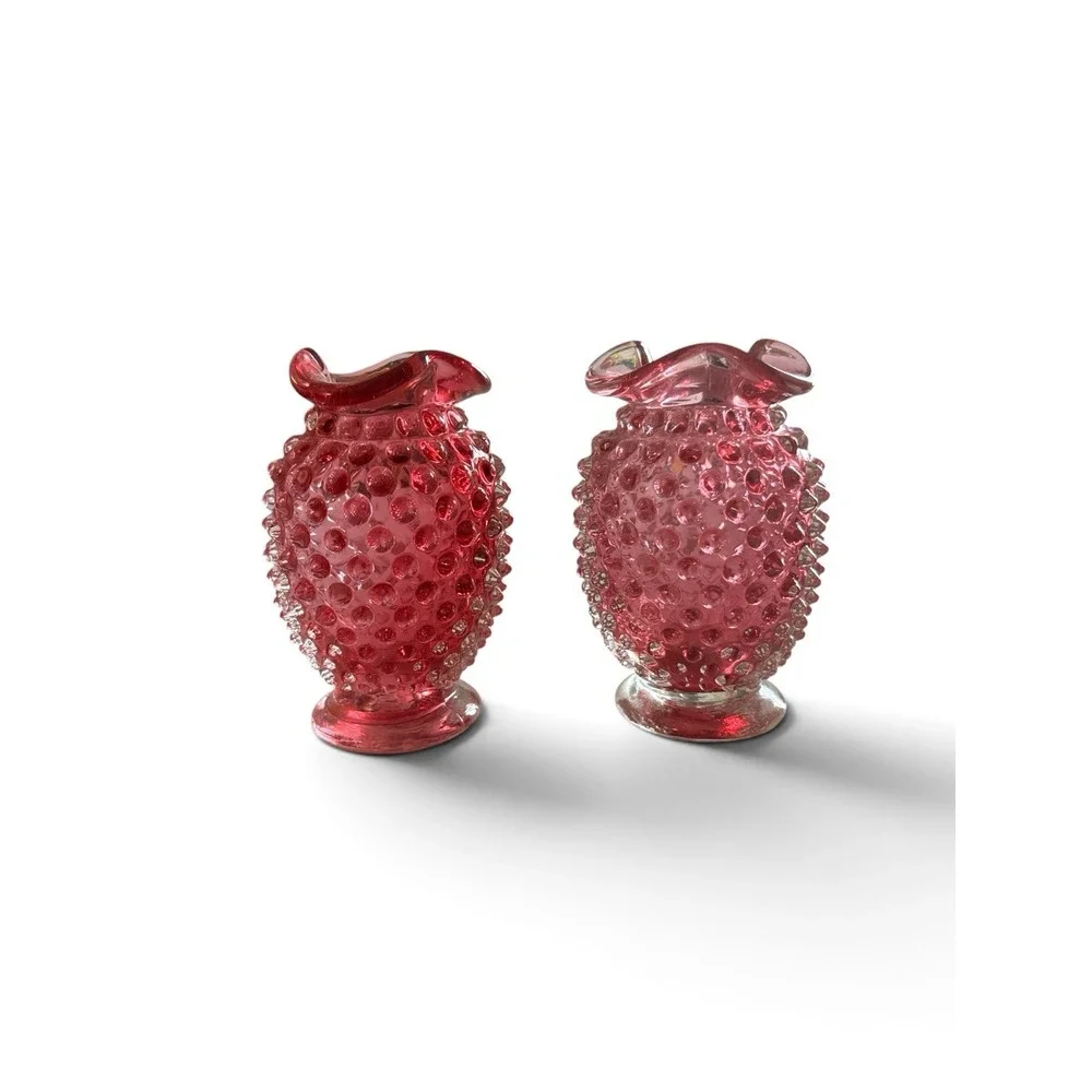 Vintage Fenton Cranberry Hobnail Bud Vases- Set of Two #09